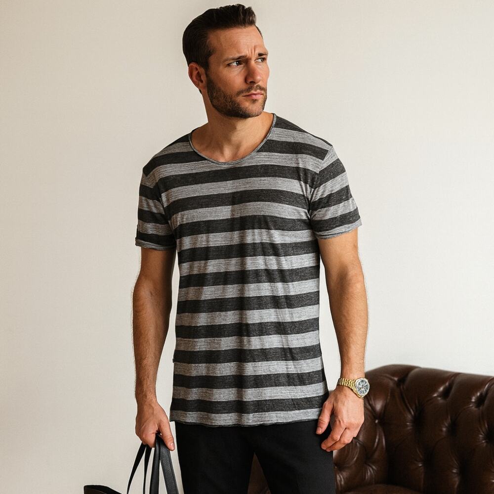 DIOR Icons Long Line Slub Crewneck T-Shirt Gray Stripe Sz L $960 {3Q2}
